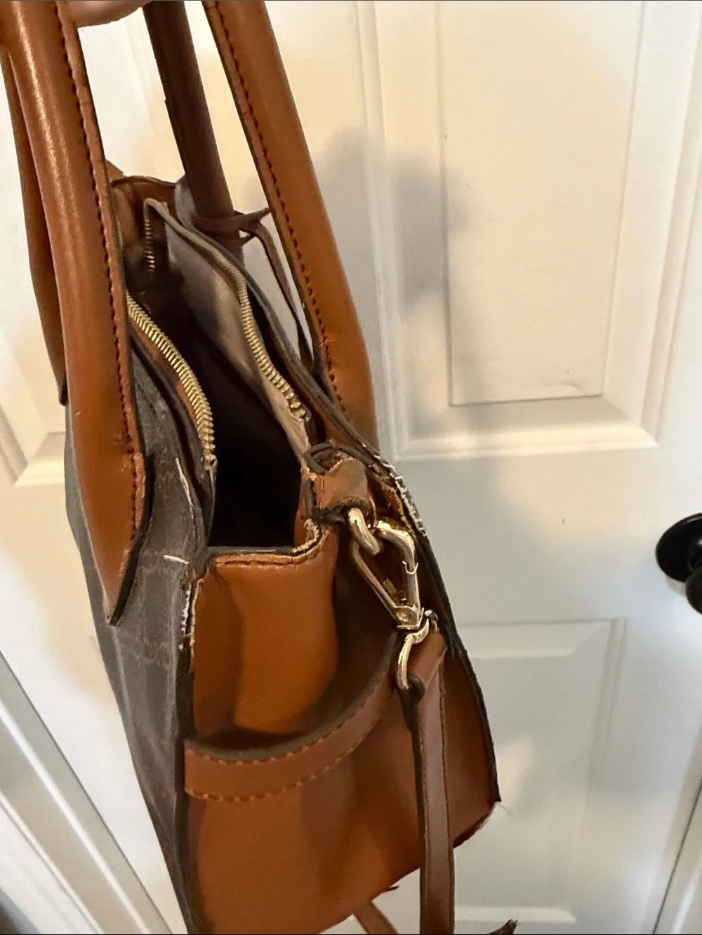 Nine West Brown Monogram Satchel with Tan Trim